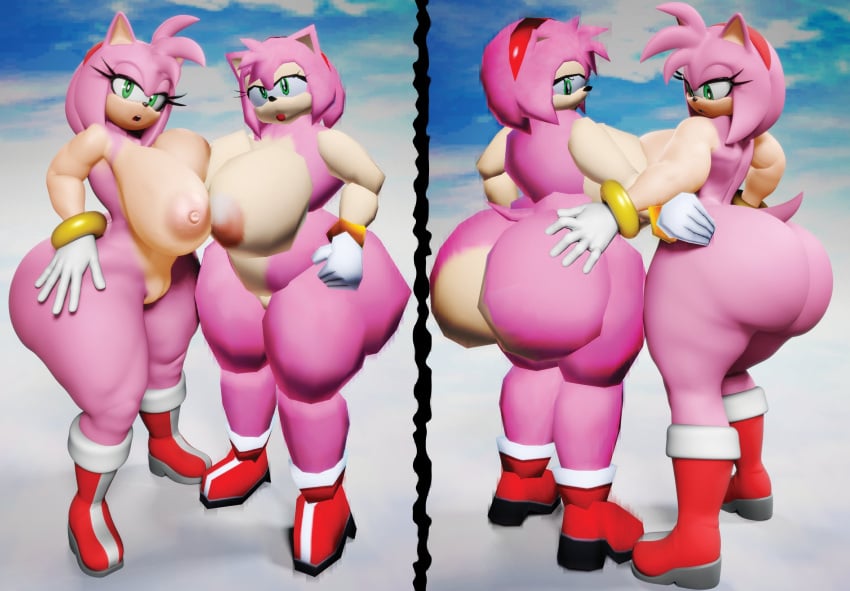 1girl 2_girls 2females 3d 3d_(artwork) :o accurate_art_style amy_rose anthro ass beach big_ass big_ass big_breasts boots breasts clothing digital_media_(artwork) duo eulipotyphlan female_only footwear gloves grabbing_ass green_eyes hedgehog hedgehog_girl high_res huge_ass looking_down mammal massive_breasts mobian naked_female nipples nude nude open_mouth pink_fur polygon sega sega shoes so_retro sonic_adventure sonic_the_hedgehog_(series) thick_thighs vulkyasha white_gloves