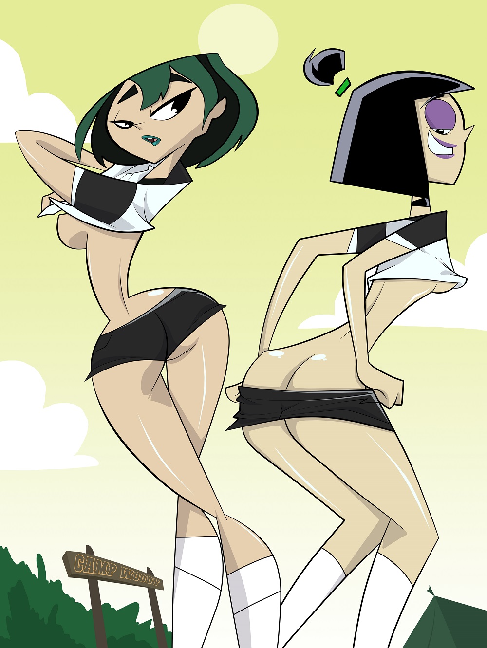 1girl 2_girls ass black_hair breasts butt_crack camp crossover danny_phantom erect_nipples eyeshadow female_only goth green_hair grin gwen_(tdi) hair human humanoid lipstick looking_back mooning multicolored_hair multiple_females nipples ponytail samantha_manson shiny shiny_skin shirt_lift short_hair shorts smile supersouthmoor tied_hair total_drama_island undressing woods