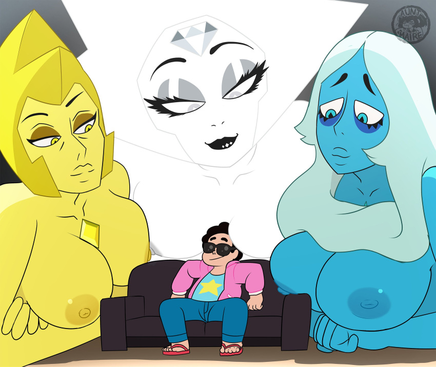 1boy 1girl 3_girls alien_girl big_breasts black_hair blue_diamond_(steven_universe) blue_eyes blue_hair blue_skin breasts cartoon_network clothing couch diamond_authority gem_(species) giantess grin inkershike long_hair looking_at_another looking_pleasured male nipples nude short_hair steven_quartz_universe steven_universe steven_universe:_the_movie sunglasses white_diamond_(steven_universe) white_eyes white_hair yellow_diamond_(steven_universe) yellow_eyes yellow_hair yellow_skin