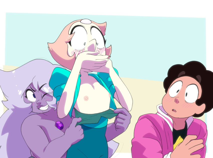 1boy 2_girls amethyst_(steven_universe) assisted_exposure big_breasts blue_eyes blush cartoon_network covering_mouth embarrassed eyelashes flustered gem_(species) inker_comics inkershike jacket lavender_hair one_eye_closed partially_clothed peach_hair pearl_(steven_universe) purple_skin shirt_down small_breasts small_breasts steven_quartz_universe steven_universe white_skin