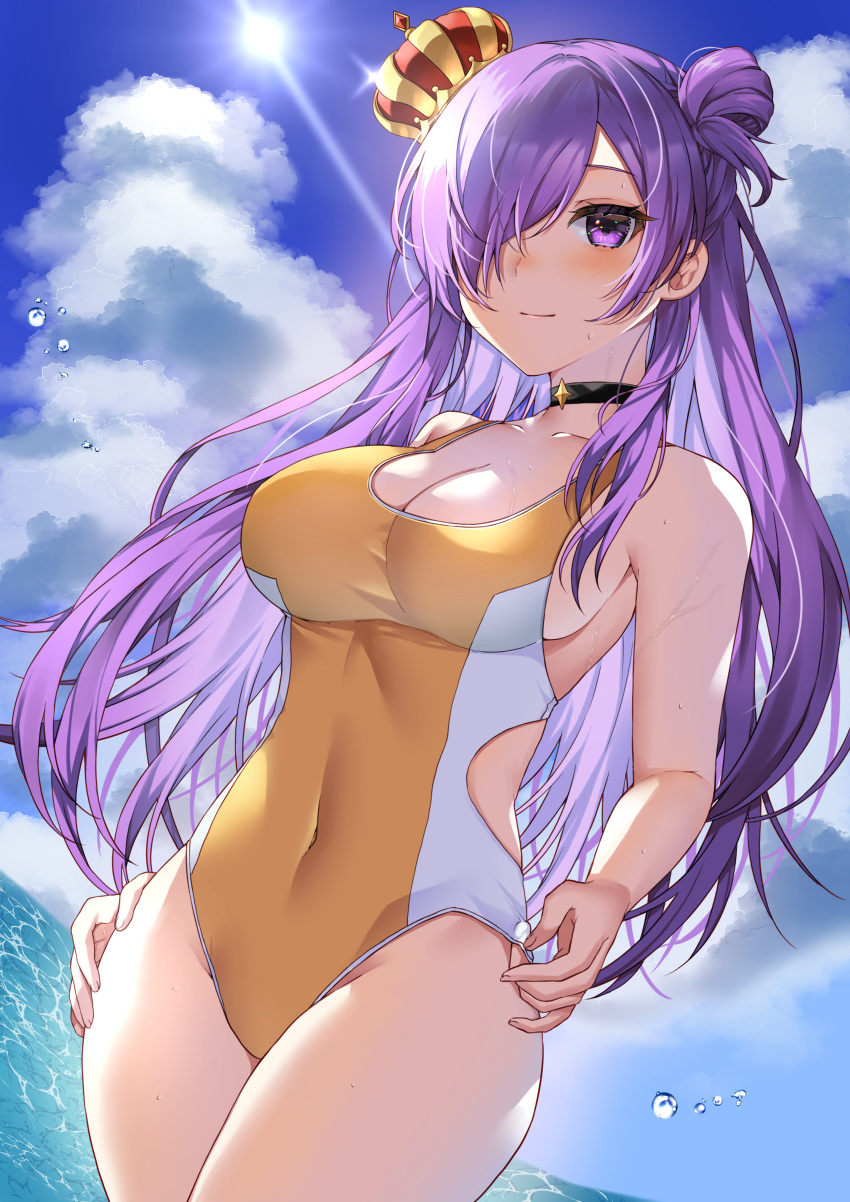 1girl 1girl 1girl alluring alternate_costume beach big_breasts bikini cleavage crown female_only fire_emblem fire_emblem:_three_houses fire_emblem_warriors:_three_hopes hair_over_one_eye nintendo one-piece_bikini purple_eyes purple_hair shez_(fire_emblem) shez_(fire_emblem)_(female) swimsuit yam_(yamap_mako) yellow_bikini yellow_one-piece_bikini