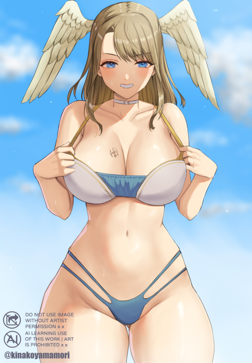 1girl 1girl 1girl alluring angel_wings bare_legs big_breasts big_breasts bikini bikini_top_lift blue_eyes breast_tattoo brown_hair chest_tattoo child_bearing_hips cleavage clothes_lift eunie_(xenoblade) female_only grin high_res kinakokoyamamori legs lifted_by_self looking_at_viewer naughty_face navel short_hair smile sweat tattoo teasing thick_thighs thighs voluptuous wide_hips wings xenoblade_(series) xenoblade_chronicles_3