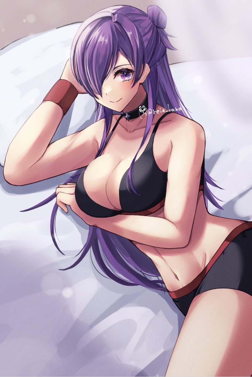 1girl 1girl 1girl alluring arm_under_breasts bangs bare_midriff bare_thighs bed big_breasts black_pawpads bra choker cleavage closed_mouth female_only female_protagonist fire_emblem fire_emblem:_three_houses fire_emblem_warriors:_three_hopes hair_bun hair_over_one_eye high_res light-skinned_female light_skin long_hair looking_at_viewer midriff navel nintendo on_bed pillow purple_eyes purple_hair reia_hana shez_(fire_emblem) shez_(fire_emblem)_(female) single_hair_bun smile thick_thighs thighs underwear