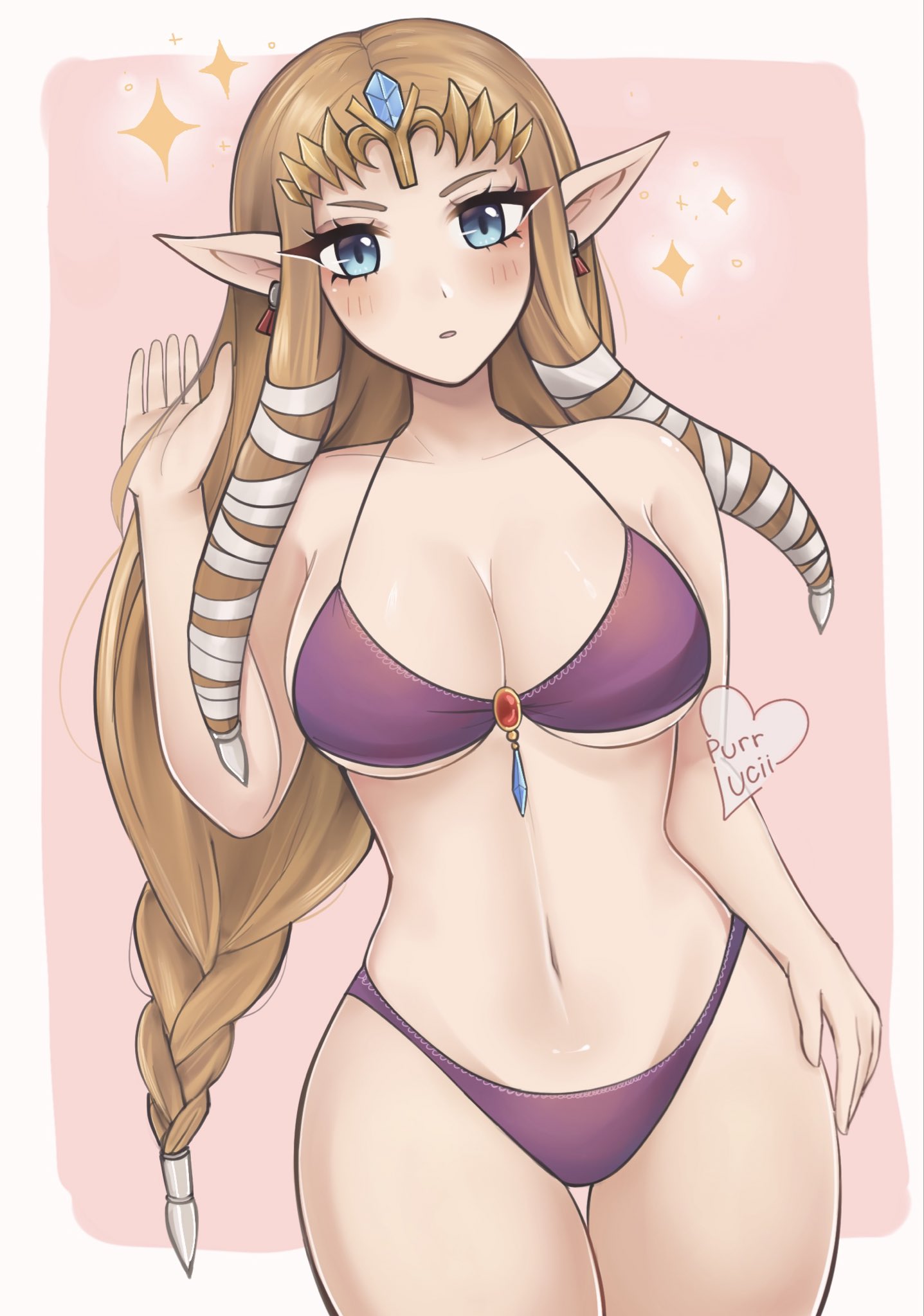 1girl 1girl 1girl alluring big_breasts bikini blush female_only looking_at_viewer panties pointy_ears princess_zelda purple_bikini purple_panties purrlucii swimsuit the_legend_of_zelda the_legend_of_zelda:_twilight_princess twilight_princess zelda_(twilight_princess)