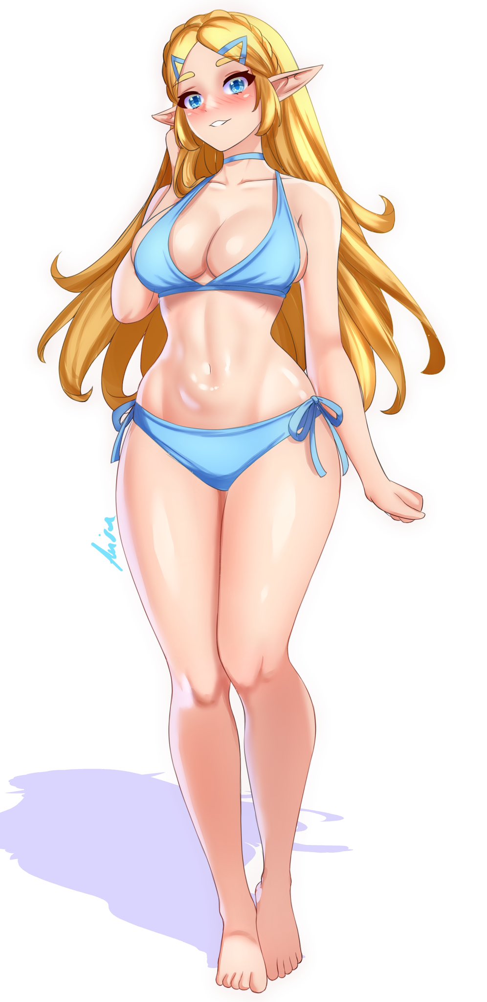 1girl 1girl alluring anisdrawn big_breasts bikini blonde_hair blue_eyes cleavage long_hair nintendo pointy_ears princess_zelda swimsuit the_legend_of_zelda the_legend_of_zelda:_tears_of_the_kingdom