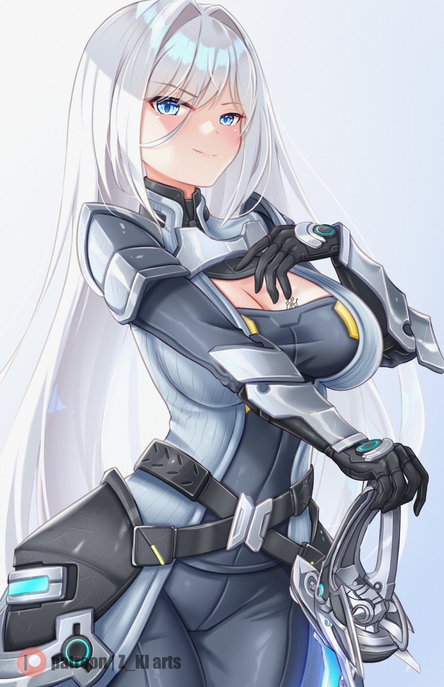 1girl 1girl alluring armor big_breasts big_breasts black_gloves blue_eyes blush breast_tattoo cleavage curvy ethel_(xenoblade) female_only gloves hand_on_breast hand_on_chest high_res holding_object holding_sword holding_weapon hourglass_figure long_hair looking_at_viewer monolith_soft nintendo rapier shoulder_pads silver_armor silver_hair sword tattoo thick_thighs thighs very_long_hair voluptuous weapon wide_hips xenoblade_(series) xenoblade_chronicles_3 z-ki