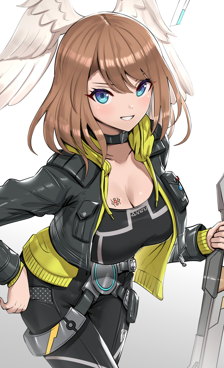 1girl 1girl alluring big_breasts black_choker black_jacket black_pants black_shirt blouse blue_eyes breast_tattoo brown_hair choker cleavage commentary_request cowboy_shot duplicate eunie_(xenoblade) gonzarez gradient_background grey_background grin hand_on_own_hip head_wings high_res holding jacket long_hair long_sleeves looking_at_viewer open_clothes open_jacket pants pixel-perfect_duplicate shirt smile standing tattoo v-shaped_eyebrows white_background wings xenoblade_(series) xenoblade_chronicles_3