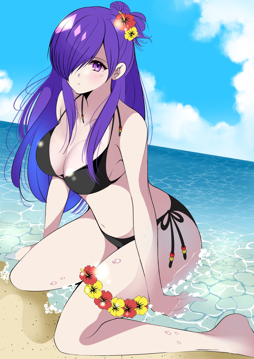 1girl alluring alternate_costume bangs bare_legs barefoot big_breasts bikini black_bikini black_swimsuit choker cleavage closed_mouth fe135700 female_only fire_emblem fire_emblem:_three_houses fire_emblem_warriors:_three_hopes flower hair_between_eyes hair_bun hair_over_one_eye high_res long_hair looking_at_viewer medium_hair midriff navel nintendo pinup purple_eyes purple_hair shez_(fire_emblem) shez_(fire_emblem)_(female) single_hair_bun swimsuit water