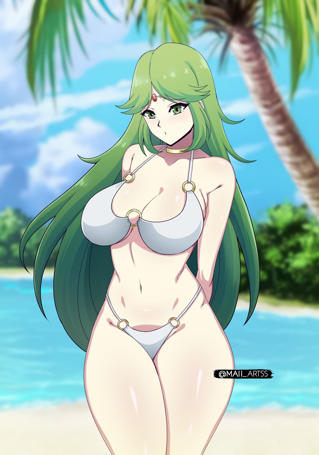 1girl alluring beach big_breasts bikini blue_sky cleavage female_only green_eyes green_hair kid_icarus maii_artss nintendo ocean palutena