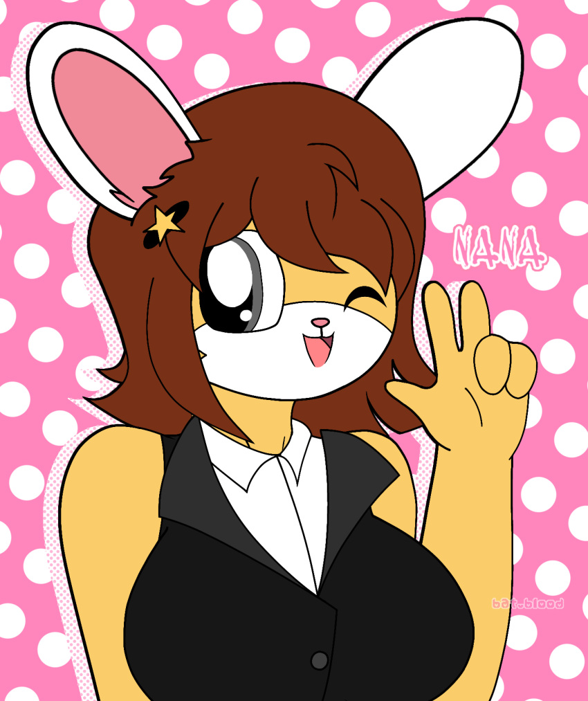 1girl anthro big_breasts brown_hair bunny_ears bunny_gif furry grey_eyes nana_(pretty_blood) peace_sign pretty_blood wink