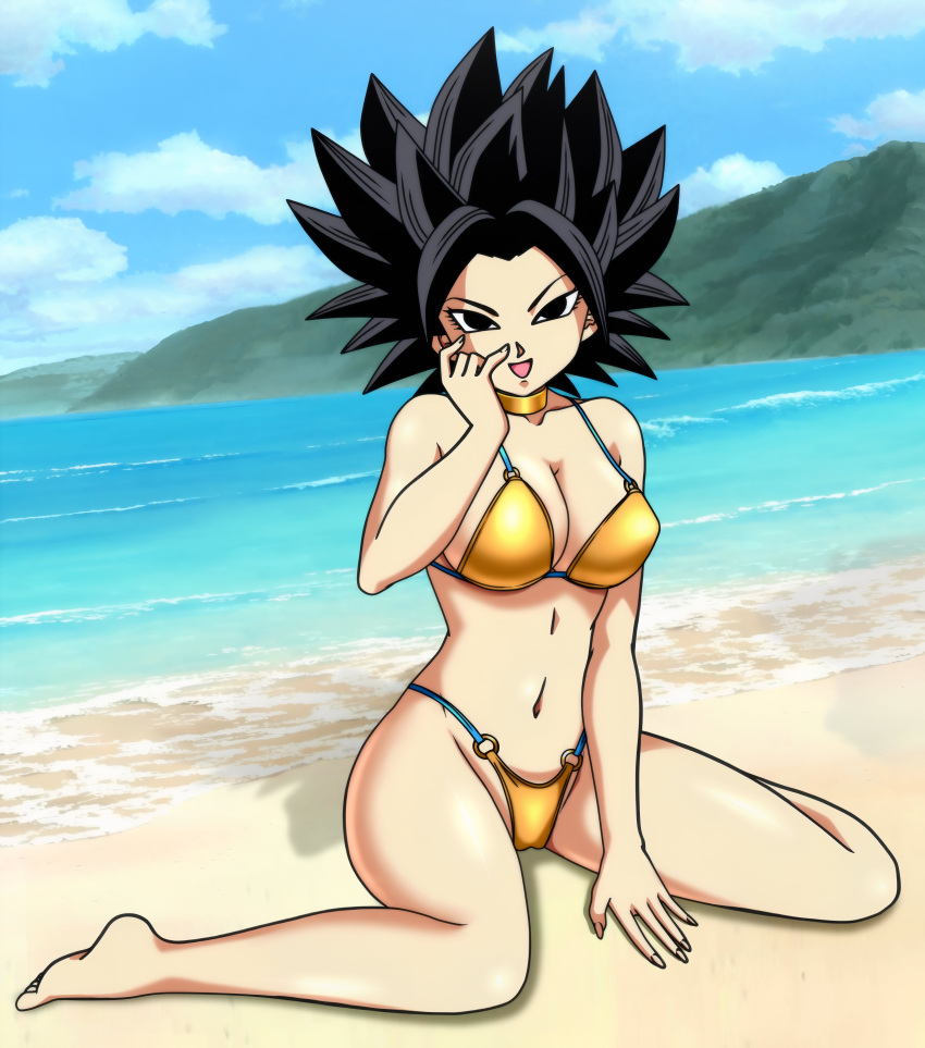 1girl beach big_ass big_breasts black_hair caulifla foxybulma gold_bikini posing sea seductive spread_legs