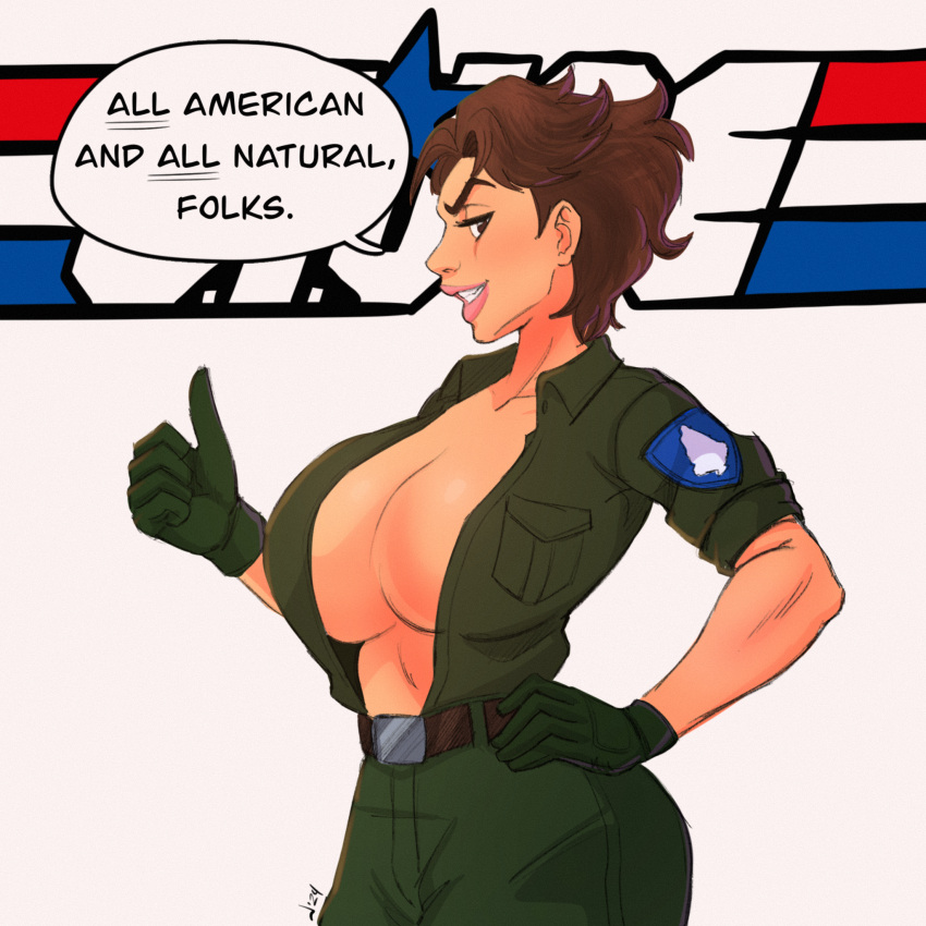 alison_r_hart_burnett big_breasts breasts brown_hair cleavage commission commissioner_upload g.i._joe gloves hand_on_hip lady_jaye logo looking_at_viewer military_uniform open_shirt pranky speech_bubble thumbs_up white_background