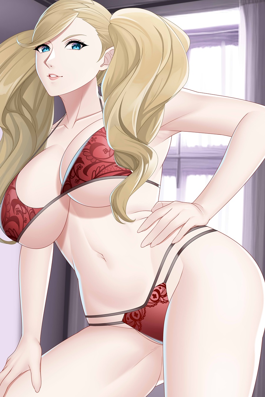 1girl 1girl 1girl alluring ann_takamaki aslind_samure aslindsamure atlus big_breasts blonde_hair bra cleavage female_only panties persona persona_5 pin_up tagme twin_tails underwear