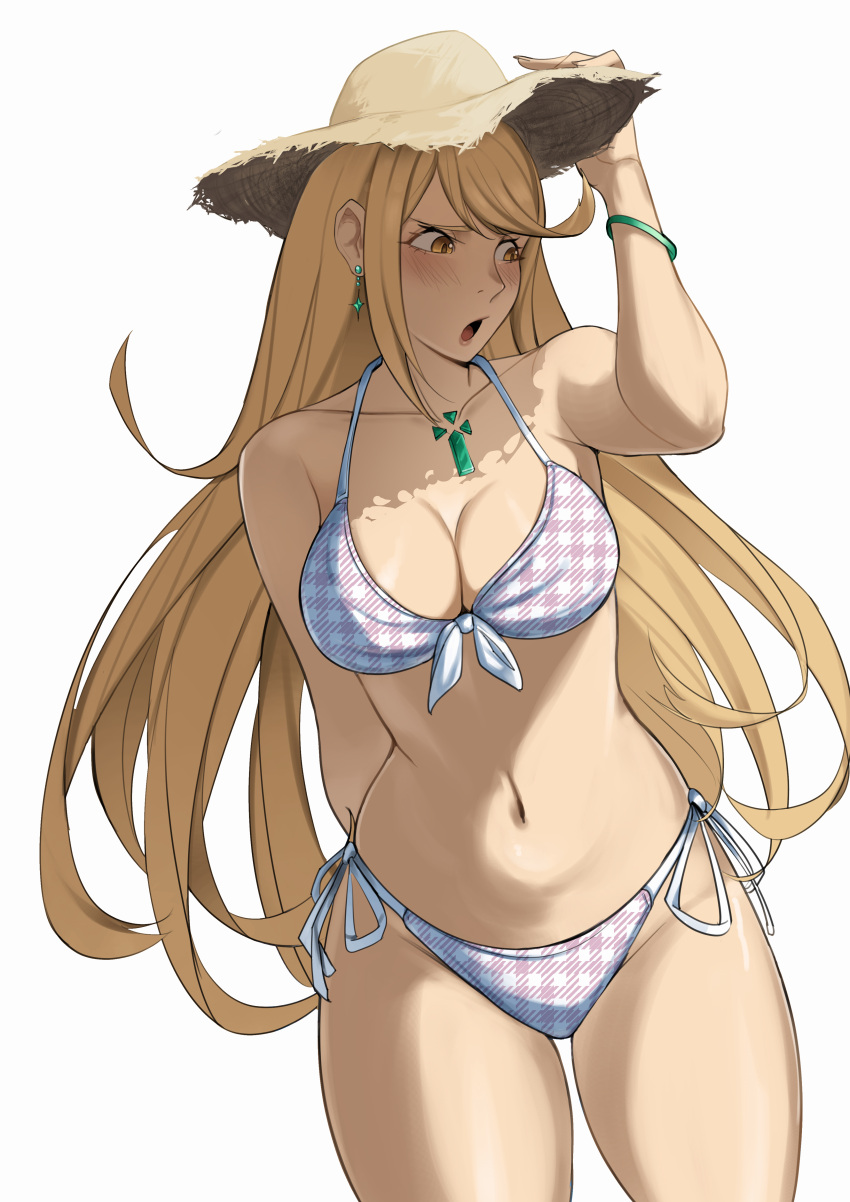 1girl 1girl absurd_res alluring big_breasts bikini blonde_hair bracelet collarbone core_crystal_(xenoblade) cowboy_shot deliciousbrain earrings hat high_res jewelry long_hair mythra navel open_mouth simple_background stomach sun_hat swept_bangs swimsuit very_long_hair white_background white_bikini xenoblade_(series) xenoblade_chronicles_2 yellow_eyes