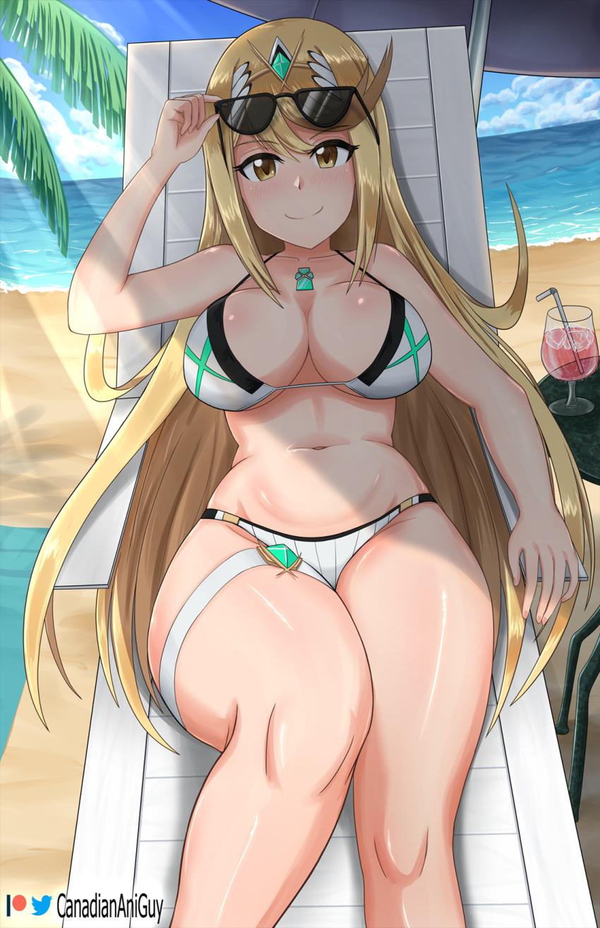 1girl 1girl adapted_costume bare_legs beach beach_chair big_breasts bikini blonde_hair canadiananiguy chest_jewel cleavage closed_mouth cup day drinking_glass drinking_straw earrings eyewear_lift eyewear_on_head feet_out_of_frame headpiece high_res horizon jewelry light_rays long_hair looking_at_viewer mythra mythra_(radiant_beach)_(xenoblade) navel outside smile sunbeam sunglasses sunlight swept_bangs swimsuit thigh_strap tiara very_long_hair xenoblade_(series) xenoblade_chronicles_2 yellow_eyes