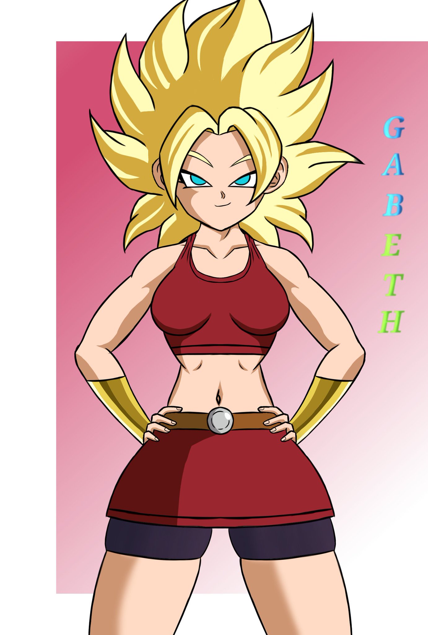 1girl 1girl big_breasts black_shorts blonde_hair breasts caulifla cosplay dragon_ball dragon_ball_super kale kale_(dragon_ball) kale_(dragon_ball)_(cosplay) miniskirt red_skirt shorts skirt smile