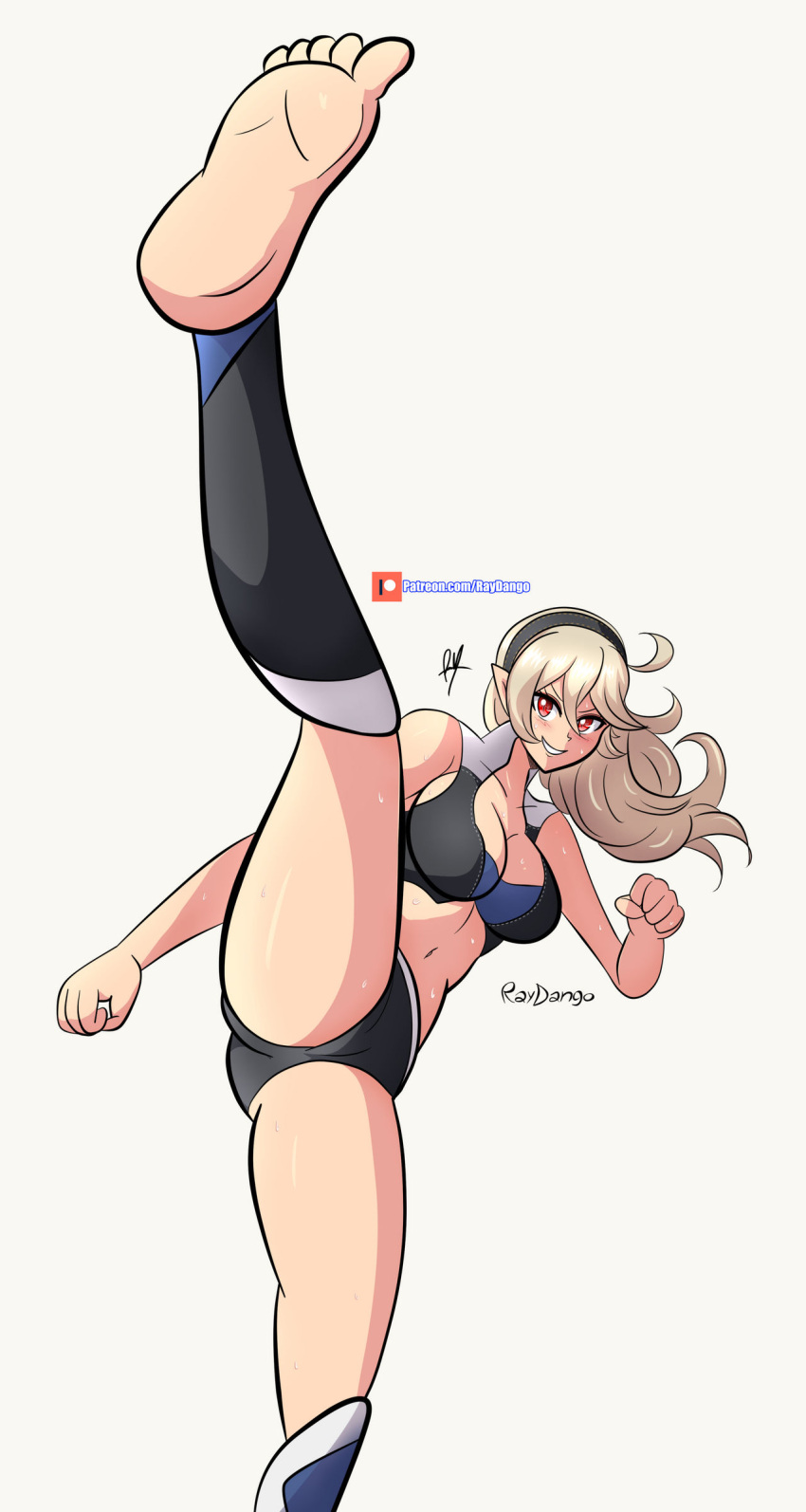 1girl absurd_res alluring barefoot blonde_hair cleavage corrin_(fire_emblem) corrin_(fire_emblem)_(female) feet fire_emblem fire_emblem_fates fire_emblem_warriors foot_focus grin hairband high_res kick kicking medium_breasts nintendo official_alternate_costume official_underwear panties raydango smile soles sports_bra thighs underwear