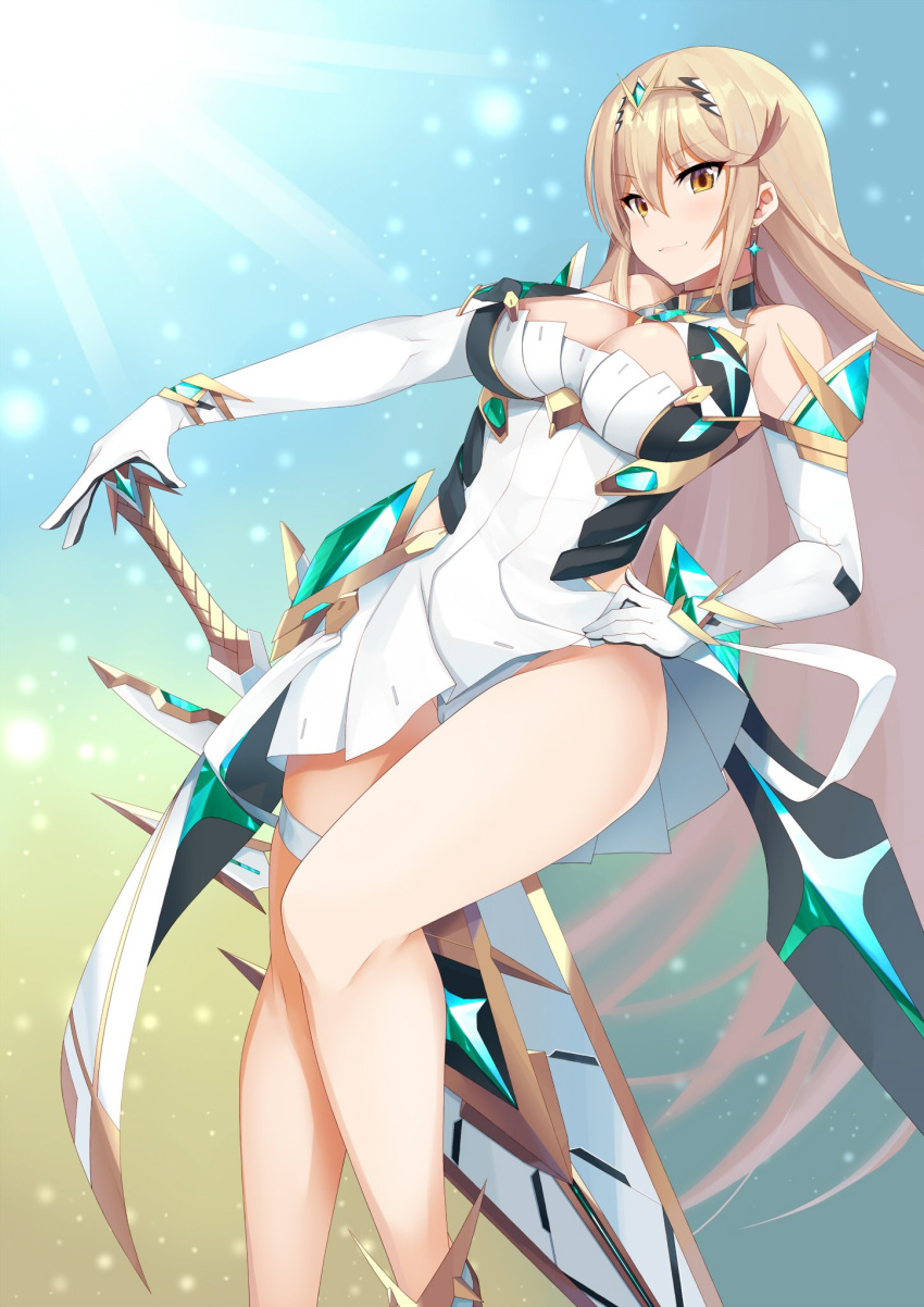 1girl aegis_sword_(xenoblade) alluring big_breasts blonde_hair daive high_res long_hair mythra panties pantyshot underwear very_long_hair weapon xenoblade_(series) xenoblade_chronicles_2 yellow_eyes