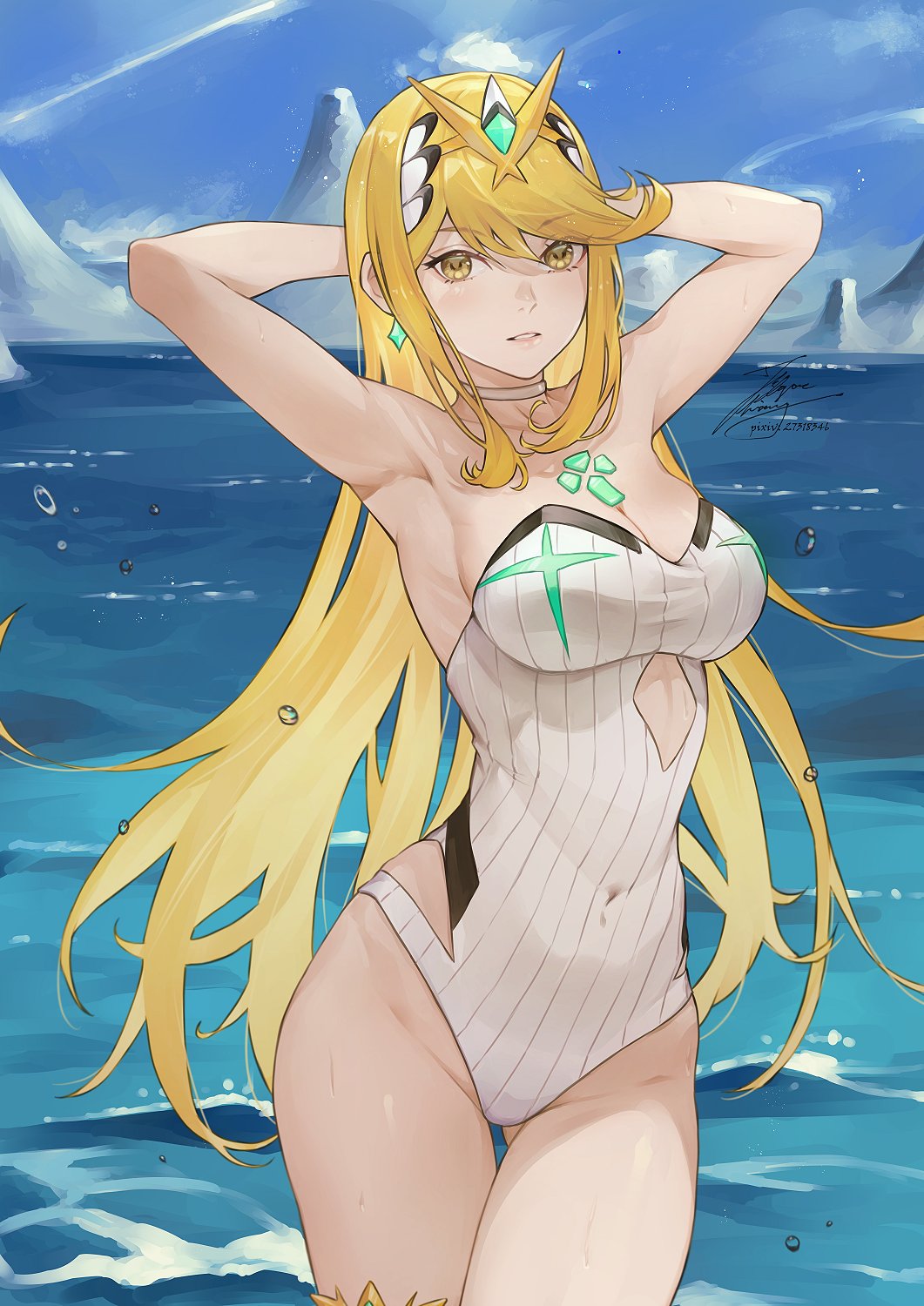 1girl alluring arms_behind_head bare_shoulders big_breasts blonde_hair choker cleavage collarbone covered_navel fadingz gluteal_fold hair_between_eyes high_res highleg highleg_one-piece_swimsuit long_hair looking_at_viewer mythra mythra_(radiant_beach)_(xenoblade) mythra_(xenoblade) nintendo ocean one-piece_bikini one-piece_swimsuit parted_lips pin_up sidelocks sky strapless strapless_one-piece_bikini swept_bangs swimsuit thigh_gap tiara tsurime very_long_hair xenoblade_(series) xenoblade_chronicles_2 yellow_eyes