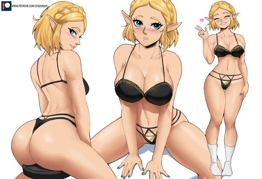 1girl alluring ass back big_breasts blonde_hair blush braid butt_crack cleavage closed_mouth collarbone crown_braid echo_saber from_behind green_eyes high_res lingerie looking_at_viewer looking_back multiple_views nail_polish navel nintendo open_mouth panties princess_zelda short_hair sideboob simple_background sitting smile socks the_legend_of_zelda the_legend_of_zelda:_tears_of_the_kingdom thong triforce triforce_print underwear v white_background