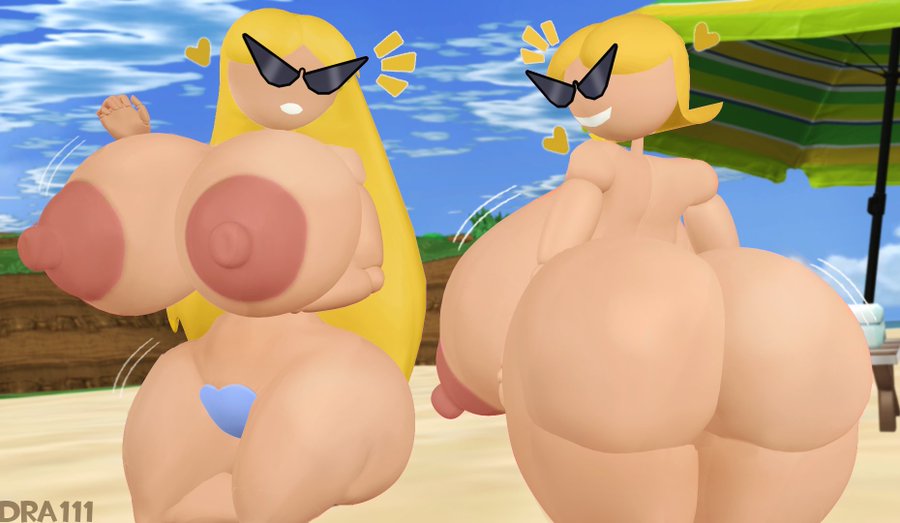 2_girls 3d 3d_model 3d_render back_view beach beach_umbrella blonde_hair chocovenus_(body_type) dra111_(artist) dragon316 front_view grin huge_areolae huge_ass huge_breasts knick_knack long_hair massive_breasts short_hair smile source_filmmaker sunglasses sunny_miami topless venus_body