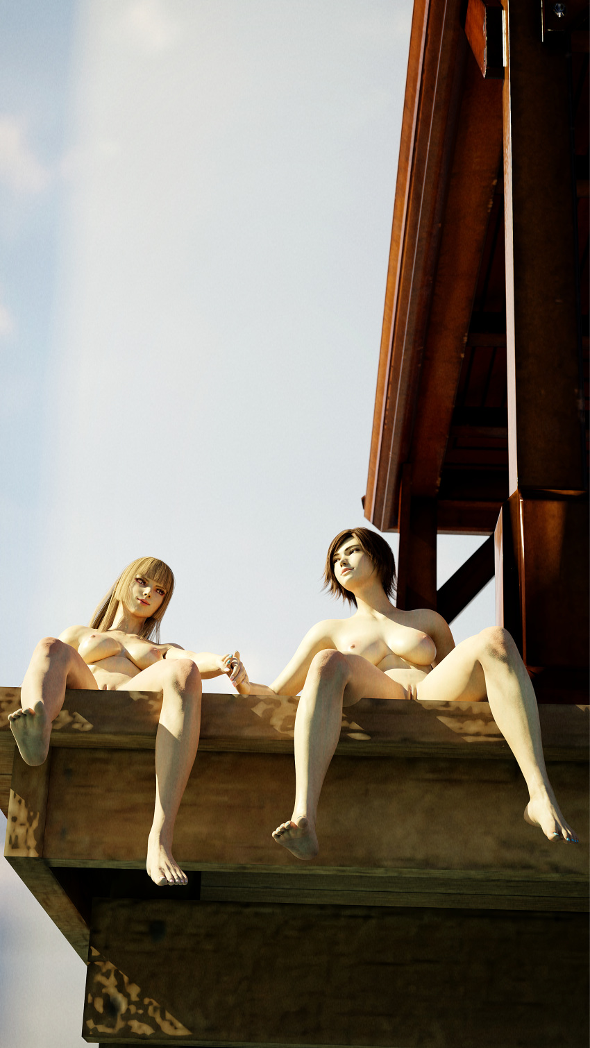 2_girls 3d athletic_female barefoot big_breasts blender blonde_hair brown_eyes brown_hair emilie_de_rochefort feet forsavide holding_hands kazama_asuka long_hair namco nipples nude purple_eyes pussy short_hair soles tekken tekken_8 toes