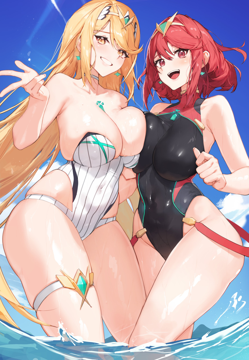 2_girls absurd_res alluring bare_shoulders big_breasts bikini black_one-piece_bikini blonde_hair blue_sky blush breast_press chest_jewel cloud core_crystal_(xenoblade) covered_navel day drop_earrings earrings gem grin headpiece high_res jewelry long_hair looking_at_viewer multiple_girls mythra mythra_(xenoblade) one-piece_bikini open_mouth outside partially_submerged pyra pyra_(xenoblade) red_eyes red_hair ribbed_bikini short_hair sky smile standing strapless strapless_one-piece_bikini striped_clothes striped_one-piece_swimsuit swept_bangs swimsuit symmetrical_docking teeth thigh_strap tiara tunamayo_(dsasd751) vertical-striped_clothes vertical-striped_one-piece_bikini wading water wet xenoblade_(series) xenoblade_chronicles_2 yellow_eyes