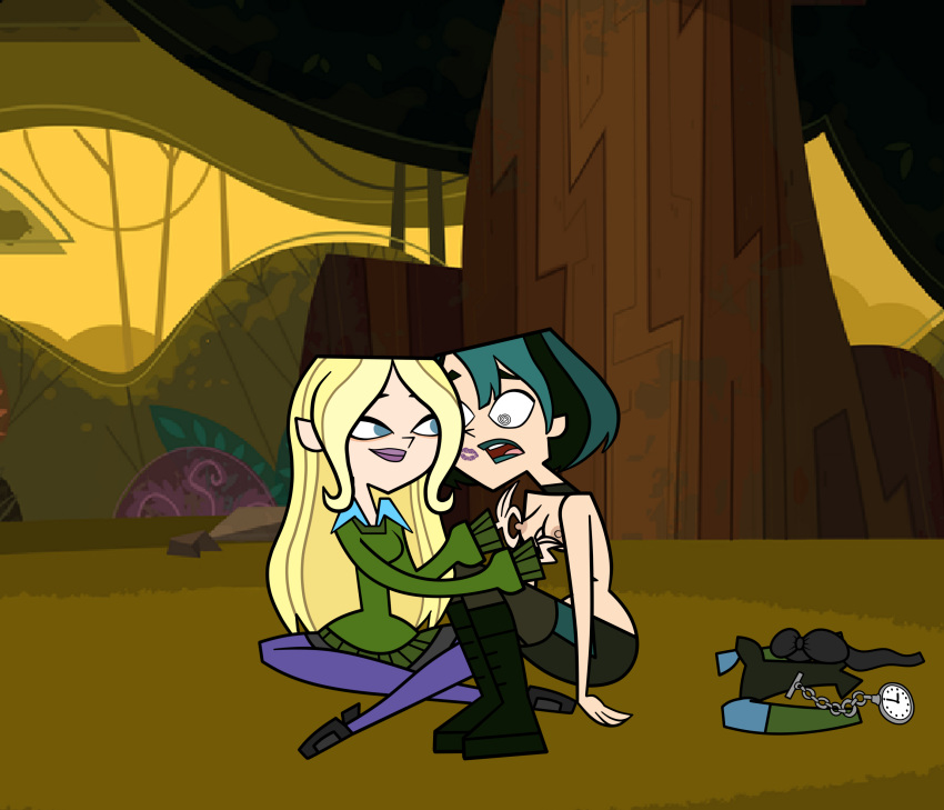 2girls blonde_female blonde_hair bra breasts dawn_(tdi) dubious_consent female_only femdom femsub goth goth_girl gwen_(tdi) hypnosis kiss_mark lipstick_mark mouth_open multicolored_hair multiple_girls pocket_watch racheltd_(artist) removing_clothing sitting smile swirly_eyes topless total_drama total_drama:_revenge_of_the_island total_drama_island two_girls woods younger_female yuri