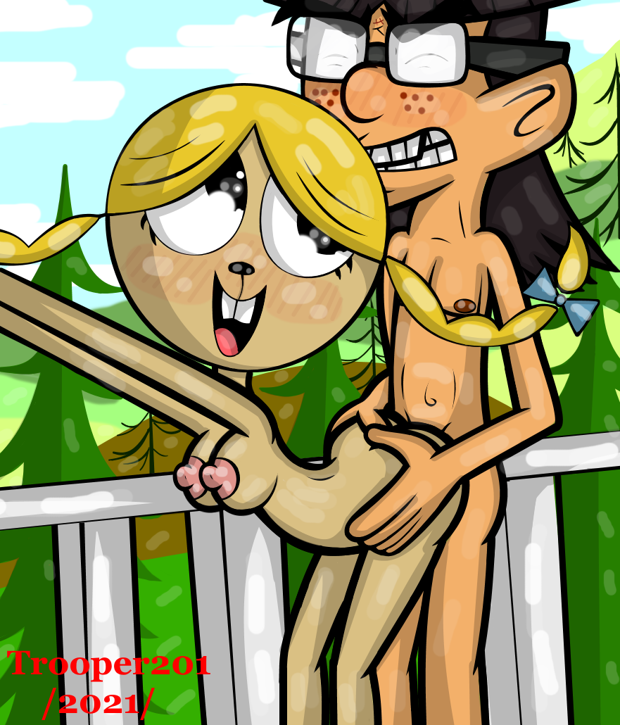 blonde_hair braided_hair couple dark_hair eurotrish flight_lieutenant_colby_james foster's_home_for_imaginary_friends from_behind furry glasses lovers original_character outdoor_nudity outdoor_sex romantic_couple romantic_sex trooper201