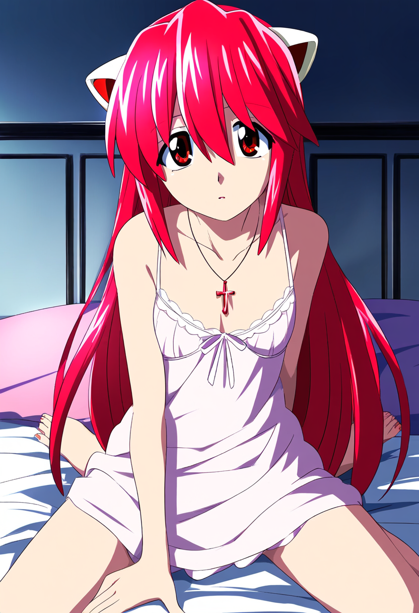 1female 1girl 1girl 1girl ai_generated bangs bed bedroom breasts commentary_request elfen_lied english_commentary female_only high_res high_res high_res indoors light-skinned_female lingerie looking_at_viewer lucy_(elfen_lied) medium_breasts necklace pink_hair red_hair red_hair_female room solo_female very_high_resolution very_long_hair very_long_hair_female wariza