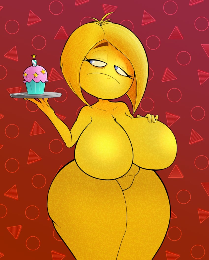 1girl 1girl 1girl big_breasts breasts cupcake emoji emoji_(race) female_only frown hand_on_breast holding_plate mary_meh mrs._meh naked_female nude nude nude_female plate short_hair solo_female the_emoji_movie vaz0v yellow_body yellow_hair