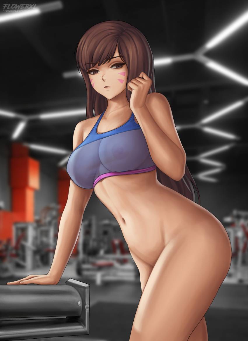 1girl 1girl 1girls 2d adapted_costume animal_print arm_support artist_logo bangs blizzard_entertainment blue_sports_bra blurry blurry_background bottomless breasts brown_eyes brown_hair bunny_print cleavage cleavage_cutout clenched_hand clothing_cutout collarbone commentary cowboy_shot d.va detailed_background english_commentary exercise_machine facepaint facial_mark flowerxl gym hana_song indoors long_hair looking_at_viewer medium_breasts midriff navel no_headwear overwatch overwatch_2 parted_lips pussy skin_tight sports_bra swept_bangs tight tight_pants whisker_markings widescreen