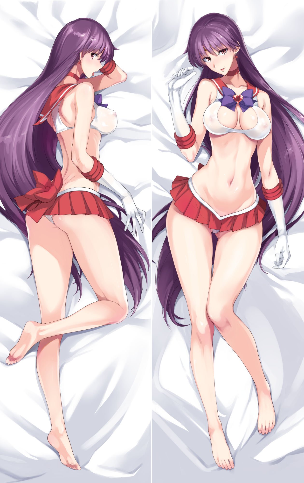 1girl 1girl alluring barefoot bishoujo_senshi_sailor_moon breasts dakimakura feet gloves high_res inner_senshi isao long_hair looking_at_viewer nipples panties purple_hair red_sailor_collar rei_hino sailor_collar sailor_mars sailor_senshi see-through underwear very_long_hair white_gloves