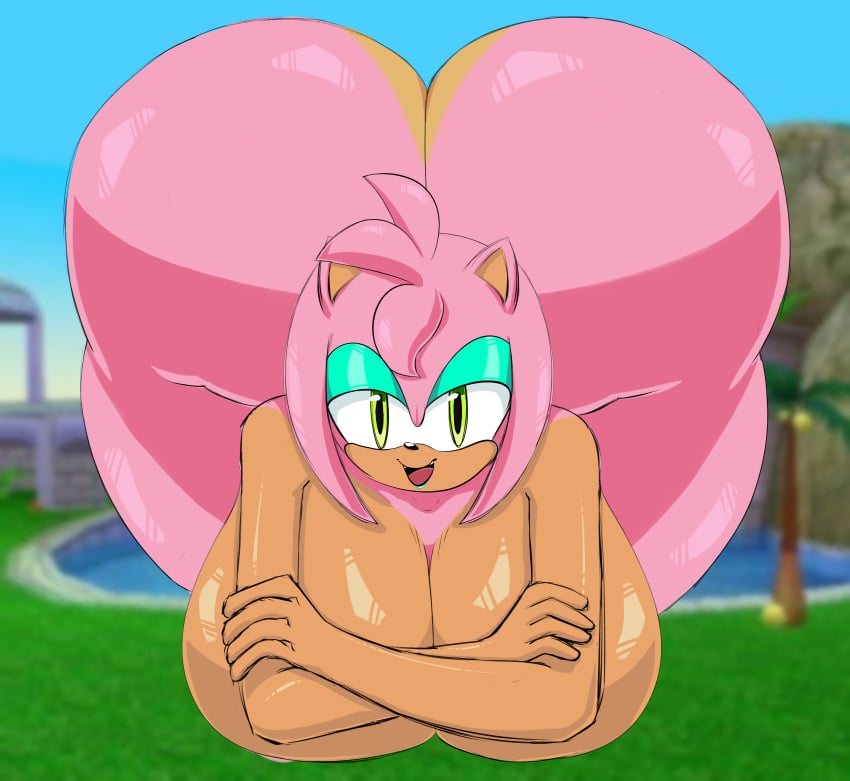 1girl amy_rose ass big_ass big_breasts breasts dark-skinned_female dark_skin green_eyes hedgehog huge_ass huge_breasts looking_at_viewer mobian_(species) nude nude_female pink_fur rougethedaisy sega solo_female solo_focus sonic_the_hedgehog_(series) thick_thighs wide_hips