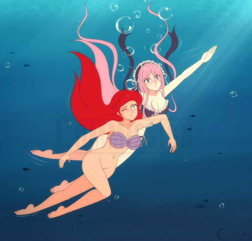 2girls air_bubbles alternate_species asphyxiation barefoot big_breasts bikini bikini_top bikini_top_only black_bikini black_swimsuit bottomless breasts bubbles cleavage crossover darkseether distracting_watermark drowning feet female female_only freediving holding_breath human meroune_lorelei monster_musume_no_iru_nichijou ocean princess_ariel puffed_cheeks rescue sea shell_bikini side-tie_bikini swimming swimsuit the_little_mermaid underwater water watermark