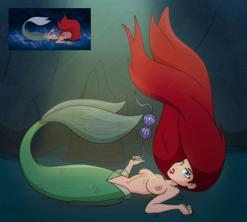 areola ariel ariel_(the_little_mermaid) breasts fair_skin green_tail mermaid mermaid_tail nipples red_hair seashell_bra skadoo tagme the_little_mermaid the_little_mermaid_(1989_film) topless topless_female underwater