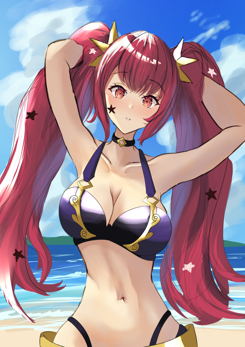 1girl 1girl 1girl absurd_res alluring alternate_costume alternate_hairstyle arerex beach big_breasts bikini black_choker choker cleavage facial_mark female_only fire_emblem fire_emblem_engage hair_ornament high_res long_hair looking_at_viewer nintendo ocean outside purple_bikini purple_swimsuit red_eyes red_hair star_(symbol) star_facial_mark star_hair_ornament swimsuit twin_tails very_long_hair yunaka_(fire_emblem)