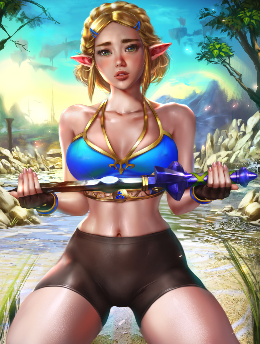 1girl 1girl absurd_res alluring bare_shoulders bike_shorts black_gloves black_shorts blonde_hair blue_bra bra braid collarbone crown_braid fingerless_gloves floating_rock gloves gold_trim green_eyes hair_ornament hairclip high_res holding holding_sword holding_weapon kneel logan_cure looking_at_viewer navel nintendo paid_reward_available parted_lips pointy_ears princess_zelda shorts sky sportswear sword the_legend_of_zelda the_legend_of_zelda:_tears_of_the_kingdom underwear weapon