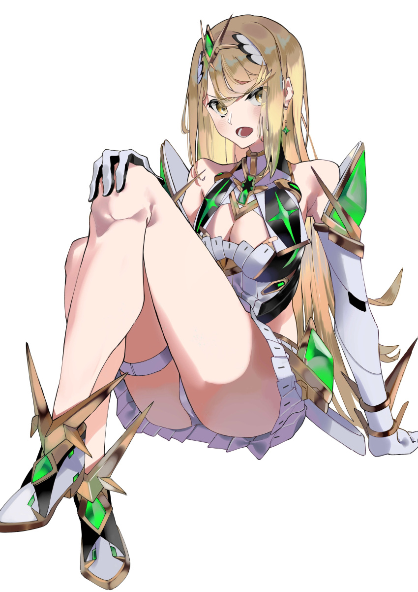 1girl 1girl absurd_res alluring bare_shoulders big_breasts blonde_hair blush cleavage dress earrings ekitabu_hosii female_focus gem gloves hand_on_own_knee headpiece high_res jewelry long_hair looking_at_viewer matching_hair/eyes mythra nintendo open_mouth panties pantyshot simple_background sitting swept_bangs thigh_strap thighs tiara underwear white_background white_dress xenoblade_(series) xenoblade_chronicles_2 yellow_eyes