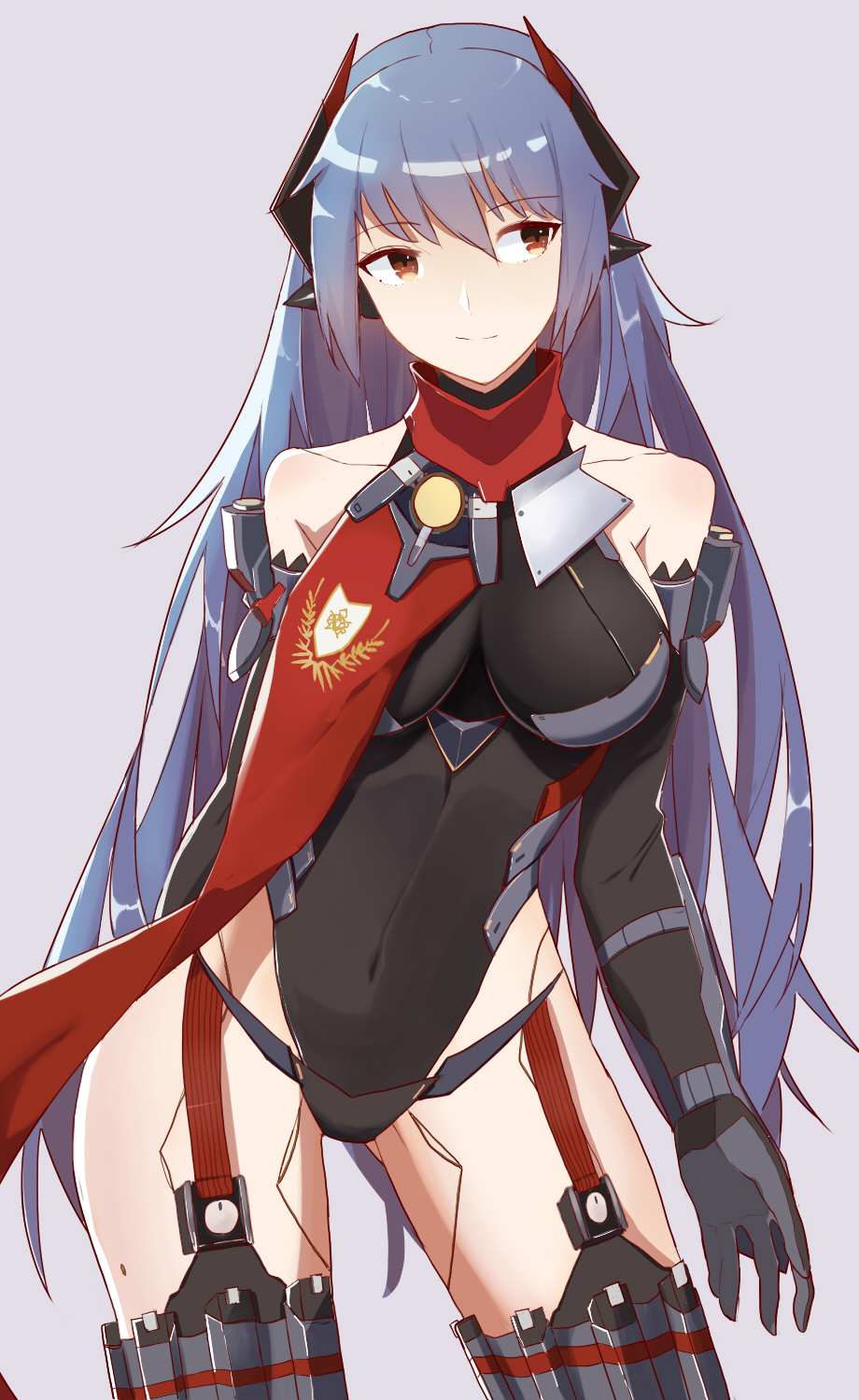 1girl 1girl alluring bare_shoulders big_breasts brown_eyes covered_navel garter_straps gloves high_res highleg highleg_leotard joints leotard long_hair nintendo poppi_(xenoblade) poppi_qtpi_(xenoblade) purple_hair robot_joints scarf smile spoilers thigh_gap very_long_hair vic_(vedream) xenoblade_(series) xenoblade_chronicles_2