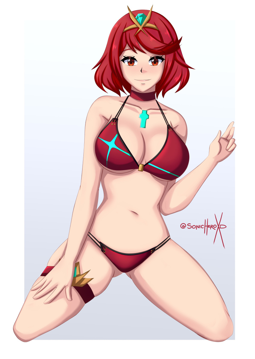 1girl 1girl alluring big_breasts bikini cleavage core_crystal female_human female_only milf nintendo pyra red_eyes red_hair sonicheroxd white_skin xenoblade_(series) xenoblade_chronicles_2