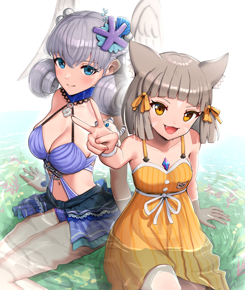 1girl 2_girls absurd_res alluring beach big_breasts bikini blue_bikini blue_eyes cat_ears catgirl choker cleavage core_crystal dress fangs female_only gonzarez grey_hair grin hair_ornament high_res hourglass_figure in_water long_hair looking_at_viewer melia_antiqua midriff navel necklace nia nia_(xenoblade) nintendo open_mouth partially_submerged peace_sign princess short_hair silver_hair small_breasts smile starfish sundress swimsuit thick_thighs thighs twin_tails v water wings xenoblade_(series) xenoblade_chronicles xenoblade_chronicles_2 yellow_dress yellow_eyes yellow_sundress