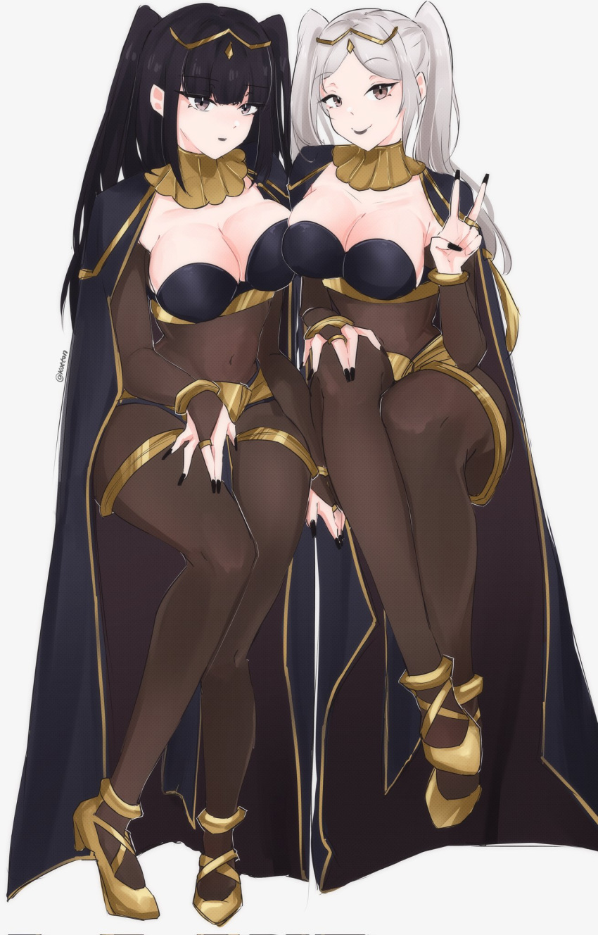 1girl 2_girls alternate_costume anklet big_breasts black_hair bracelet cape cleavage cosplay female_only fire_emblem fire_emblem_awakening floating grey_eyes grey_hair high_res jewelry knee_up knees_up leg_lift legs_up lips lipstick long_hair looking_at_viewer makeup multiple_girls nail_polish nintendo robin_(fire_emblem) robin_(fire_emblem)_(female) serafineart1001 side-by-side sitting smile tharja tharja_(fire_emblem) tharja_(fire_emblem)_(cosplay) twin_tails v white_hair yellow_eyes