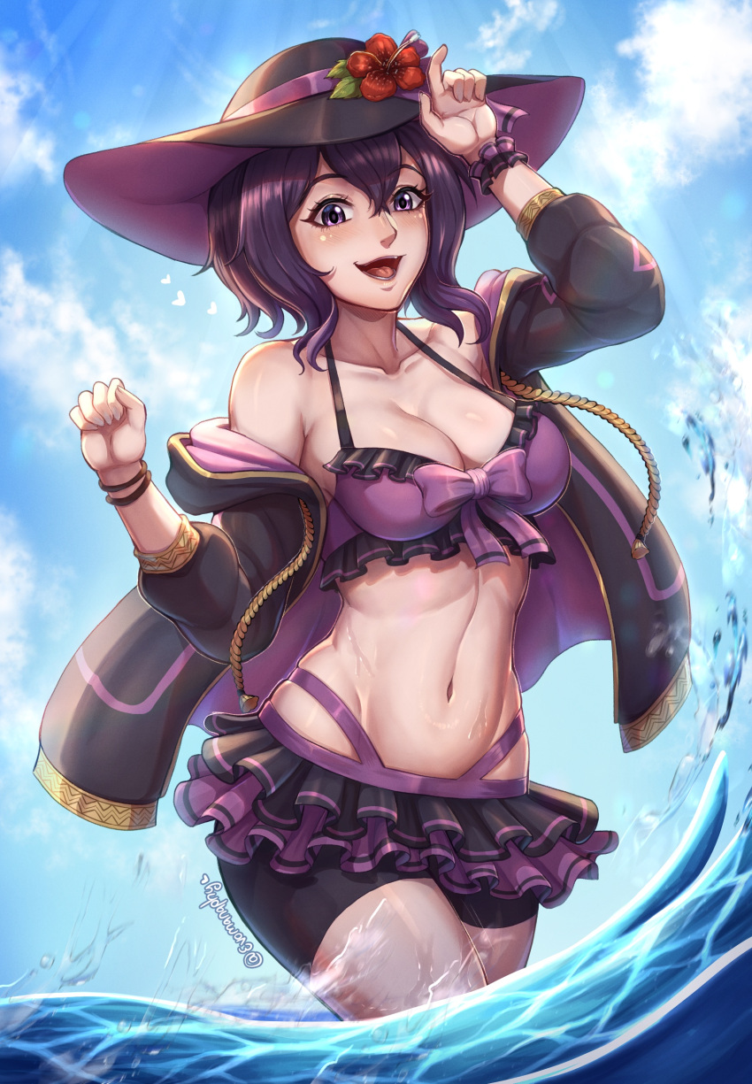 1girl alluring alternate_costume beach bikini black_hair cleavage evomanaphy fire_emblem fire_emblem_awakening looking_at_viewer medium_breasts morgan_(fire_emblem) morgan_(fire_emblem)_(female) nintendo purple_bikini purple_eyes purple_swimsuit swimsuit