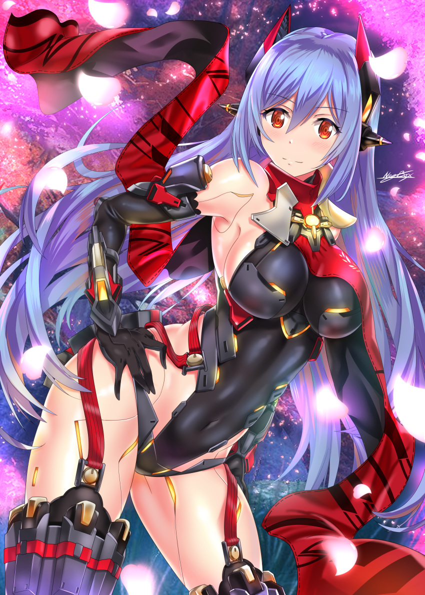 1girl alluring amber_eyes big_breasts cleavage elbow_gloves hand_on_hip lavender_hair leotard nez-box nintendo pin_up poppi_(xenoblade) poppi_qtpi_(xenoblade) thigh_high_boots xenoblade_(series) xenoblade_chronicles_2