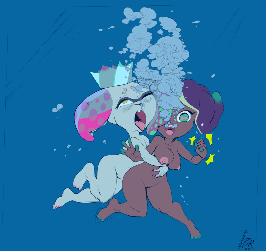 2girls air_bubble aquaphilia asphyxiation banging_on_glass breasts bubble byondrage cephalopod crown cyanosis dream drowned drowning duo female genitals headgear high_res hugging marina_(splatoon) marine mollusk nintendo nipples not_furry nude octarian octoling pearl_(splatoon) peril pussy scared splatoon story_at_source trapped underwater water water_tank