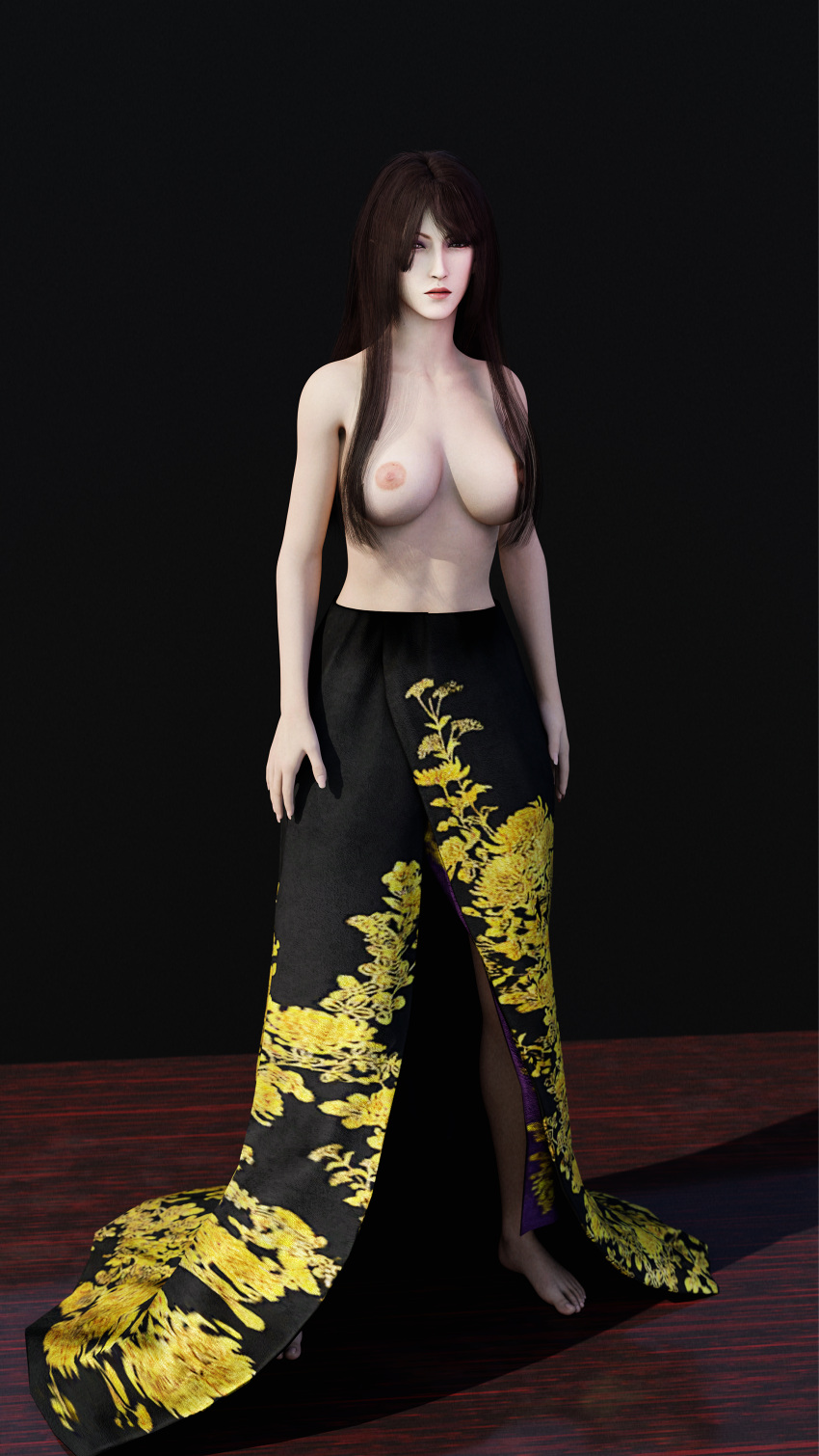 1girl 1girls 3d barefoot big_breasts blender brown_eyes brown_hair feet final_fantasy final_fantasy_vii final_fantasy_vii_remake forsavide kimono long_hair looking_at_viewer madam_m makeup nipples nude square_enix toes topless