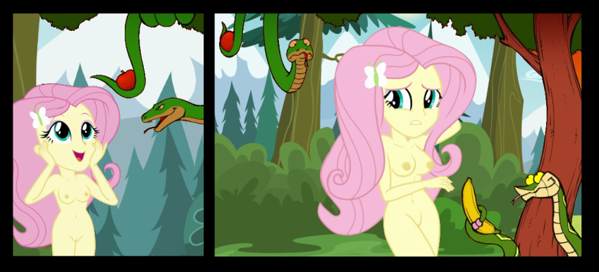 1girl 1girls adam_and_eve apple banana breasts casual catholic christianity completely_nude equestria_girls eve fluttershy_(eg) fluttershy_(mlp) fruit garden_of_eden hasbro human my_little_pony nipples nudism nudist nudity public_domain reptile serpent snake vulnerable vulva