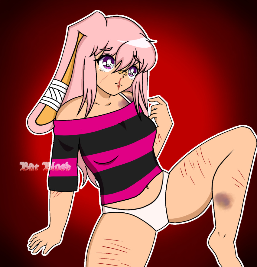 1girl 2000s anime anime_girl anime_style bandages bat_blood breasts_out bruised bruises bunny_ears bunny_girl digital_drawing_(artwork) digital_media_(artwork) legs_apart legs_spread long_hair nipples nosebleed panties pink_hair pretty_blood purple_eyes rina_pompom_(pretty_blood) scars scars_on_body tear tearing_up