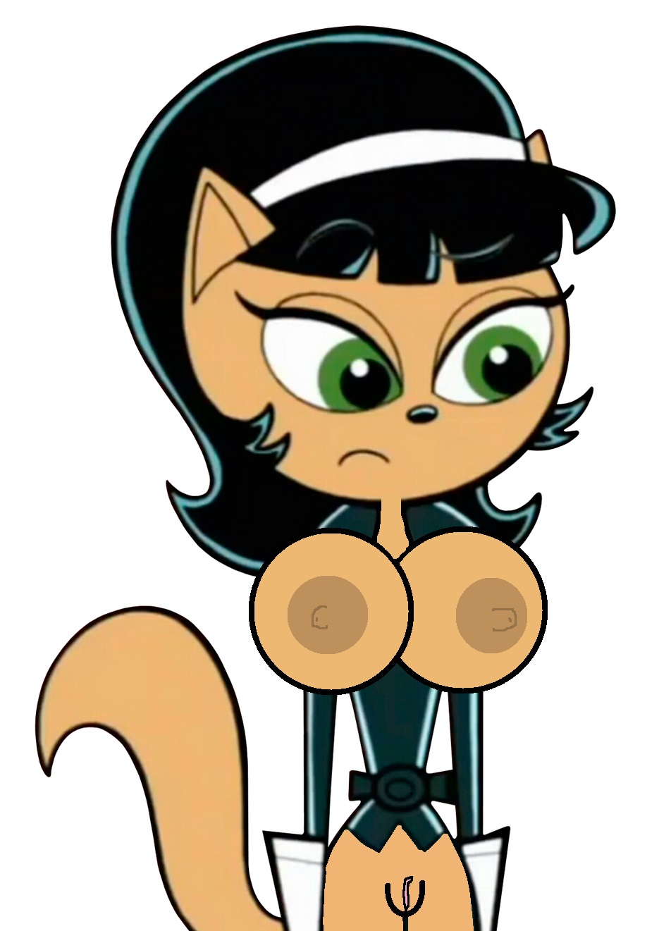 1girl big_breasts black_hair black_nose breasts closed_mouth cosplay edit eyebrows eyelashes furry green_eyes kitty_katswell nickelodeon nipples no_bra no_panties no_pants pussy t.u.f.f._puppy tagme white_background